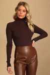 Lulus Basics Wilde Dark Brown Ribbed Long Sleeve Mock Neck Bodysuit In Brown