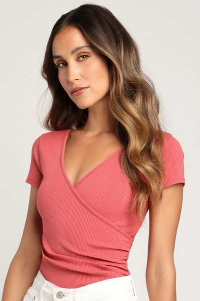 Lulus All Day Fave Rusty Rose Ribbed Surplice Short Sleeve Bodysuit In Pink