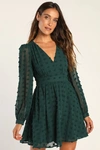 Lulus Always On Repeat Emerald Green Clip Dot Long Sleeve Mini Dress In Emerald Green