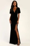 Lulus Elegant Evenings Black Velvet Flutter Sleeve Trumpet Maxi Dress In Black