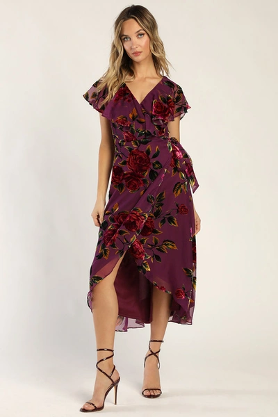 Lulus Floral Passions Plum Purple Floral Velvet Wrap Midi Dress