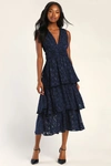 Lulus Make It Mesmerizing Navy Blue Jacquard Tiered Midi Dress In Navy Blue