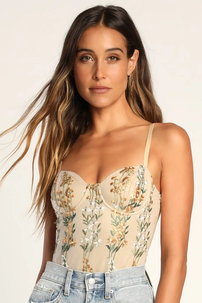 Lulus Essence Of Elegance Beige Embroidered Bustier Bodysuit