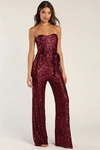 Lulus Flirty Moves Wine Red Sequin Strapless Wide-leg Jumpsuit In Wine Red