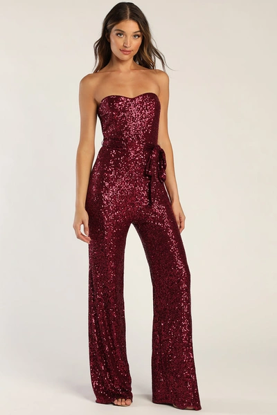Lulus Flirty Moves Wine Red Sequin Strapless Wide-leg Jumpsuit