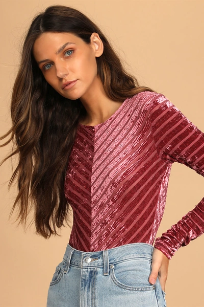 Lulus Save The Date Dusty Pink Velvet Striped Long Sleeve Bodysuit