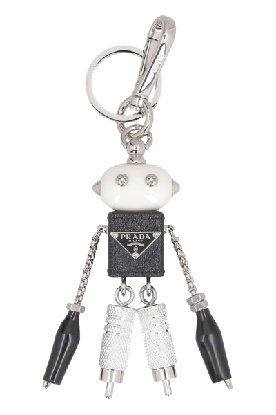 Prada Saffiano Leather Robot Trick Keychain In Steel/black