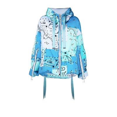 Khrisjoy Blue Hooded Quilted Bandana Print Jacket In Sky Cyan Turquoise