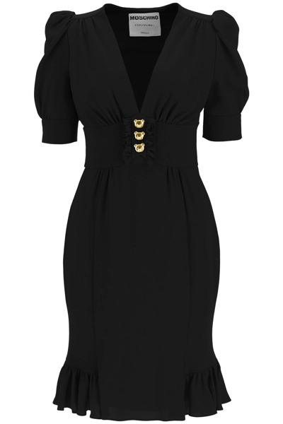 Moschino Ruffled Gathered Silk-blend Crepe Dress In Black