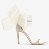 Jimmy Choo Aveline 100 Bow-detailed Glittered Woven Sandals In Platinum Ice/ivory