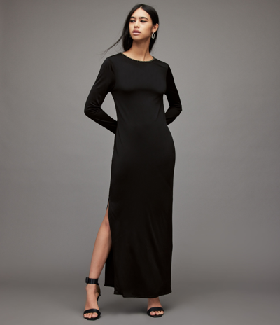 Allsaints Nyx Embellished Neck Long Sleeve Maxi Dress In Black