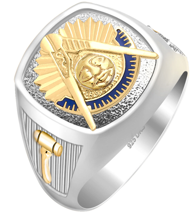 Pre-owned Us Jewels Customizable Men Two Tone 925 Sterling Silver Past Master Freemason Masonic Ring
