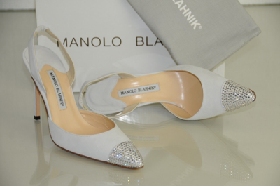 Pre-owned Manolo Blahnik Carolyne Crystals Jeweled Cap White Bb Shoes Wedding 37