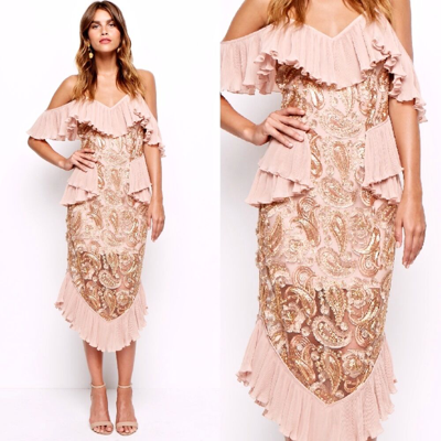 Pre-owned Alice Mccall Dress Off The Shoulder Ruffle Lace Midi Floral Rose Gold Uk Size 10