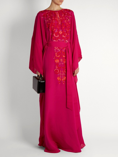 Pre-owned Oscar De La Renta 17 Resort  Pink Fuchsia Embroidery Caftan Dress S M