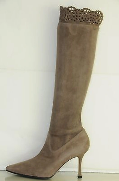 Pre-owned Manolo Blahnik Pafatolo Taupe Beige Suede Stretch Boots Shoes 35 36.5 37