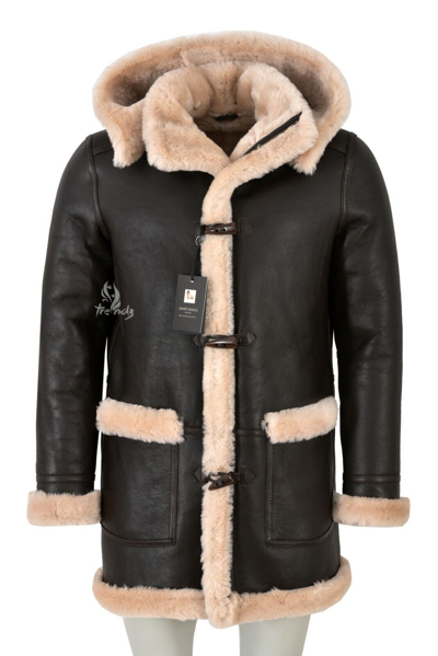 Pre-owned Smart Range Leather Mens Sheepskin Duffle Coat Fur Hood 100% Natural Shearling Fur Long Hooded Coat