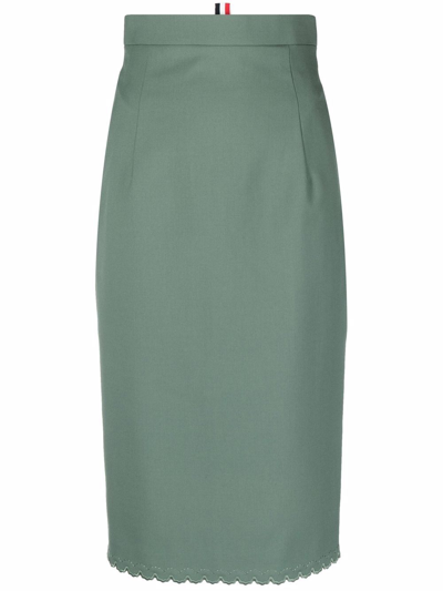 Thom Browne Scallop-edge Cotton Pencil Skirt In Green