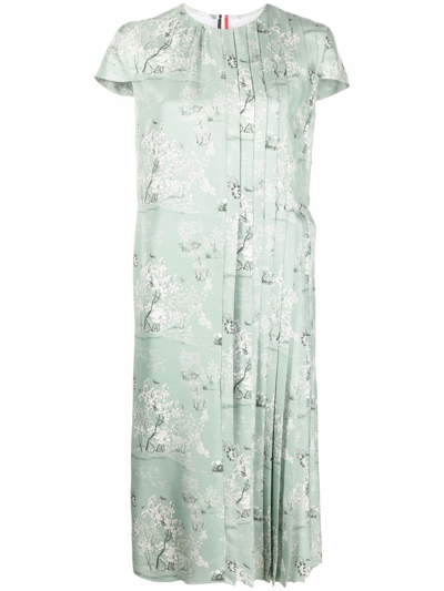Thom Browne Floral-print Silk Toile Dress In Green