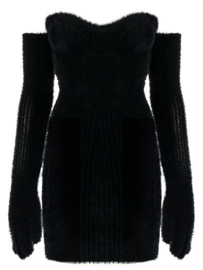Off-white Fuzzy Body-con Mini Dress With Attached Gloves In Black No Color