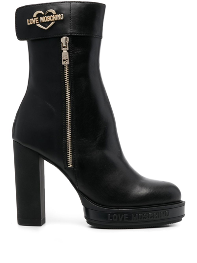 Love Moschino 110mm Logo-plaque Leather Boots In Black