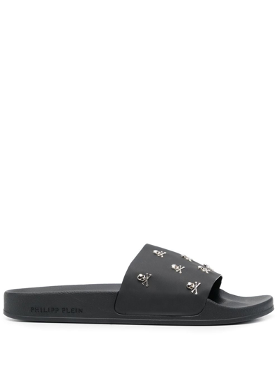 Philipp Plein Crystal Skull Leather Slides In Black