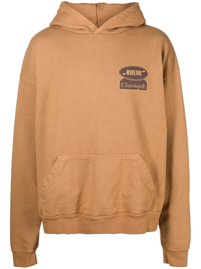 Rhude Classique Brand-print Cotton-jersey Hoody In Tan