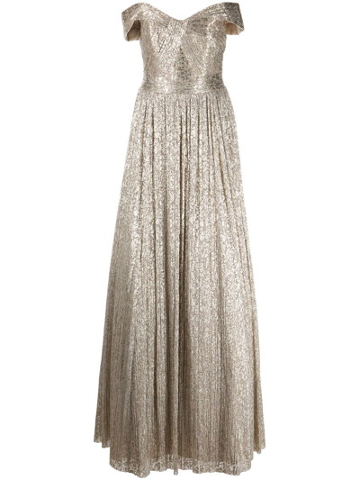 Aidan Mattox Off-the-shoulder Metallic Gown In Silver Gold