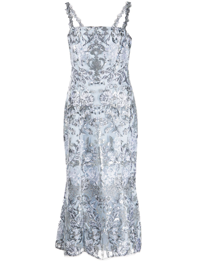 Marchesa Notte Sequinned Fitted Midi Dress In Silver