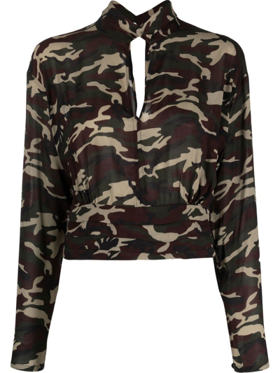 Semicouture Camouflage-print Keyhole-neck Blouse In Military