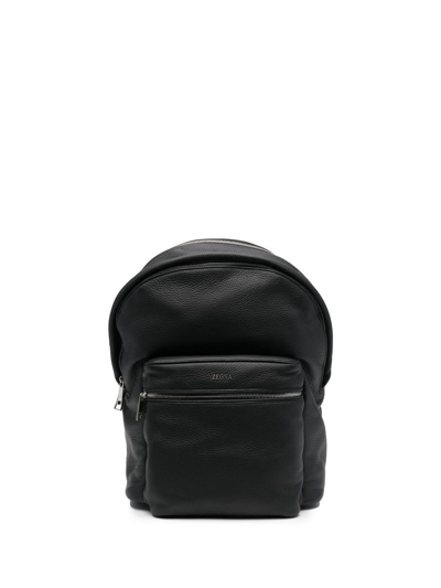 Zegna Logo-plaque Leather Backpack In Black
