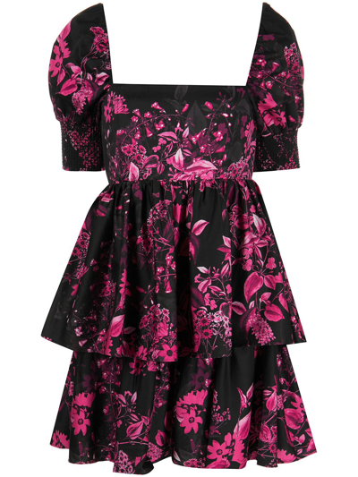 Alice And Olivia Emmalou Puff-sleeve Tiered Mini Dress In Edens Garden Wild Pink