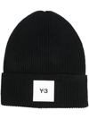 Y-3 Logo-patch Merino Beanie In Schwarz