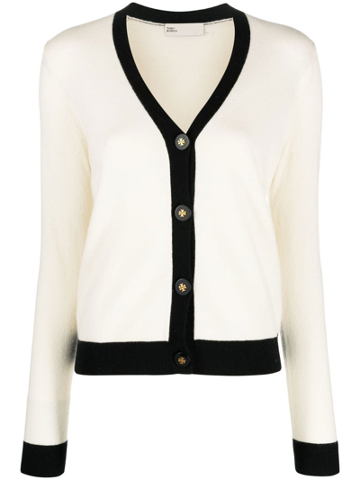 Tory Burch Colorblock Button-down Cashmere Cardigan In White