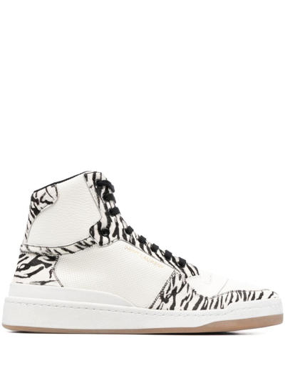 Saint Laurent Men's Sl/24 Mid-top Trainers In Smooth Leather And Zebra Print Pony Effect Leather In Ebano