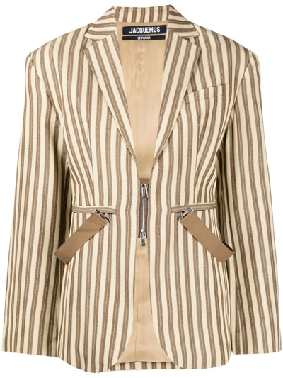 Jacquemus La Waistcoate Filu Striped Belted Blazer In Beige Brown Stripes