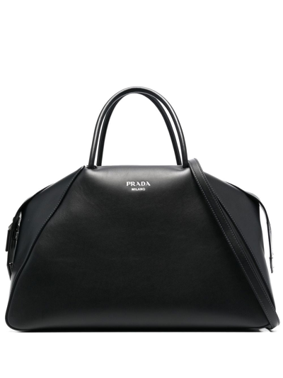 Prada Logo-plaque Leather Tote Bag In Black