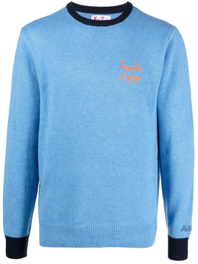 Mc2 Saint Barth Embroidered-slogan Knitted Jumper In Blau