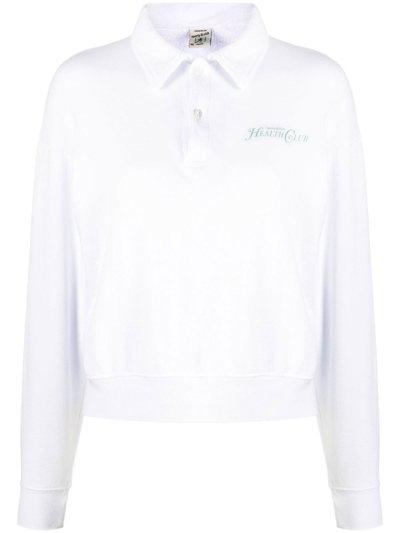 Sporty And Rich Logo-print Long-sleeved Polo Top In White & Sage