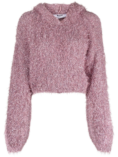 Msgm Cropped Knitted Hoodie In Pink