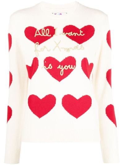 Mc2 Saint Barth Heart-knit Slogan-embroidered Jumper In Ivory