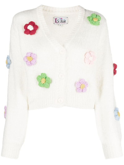 Mc2 Saint Barth Floral-crochet Cropped Cardigan In White