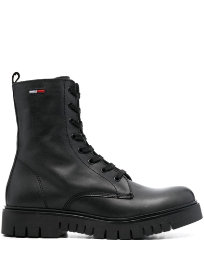 Tommy Jeans Lace-up Leather Ankle Boots In Schwarz