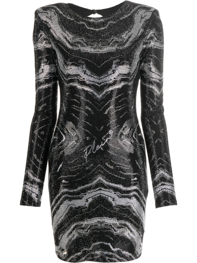 Philipp Plein Rhinestone-embellished Long-sleeve Dress In Black