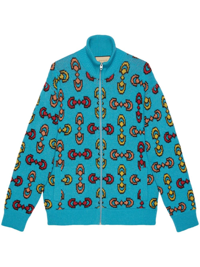 Gucci Jacquard Wool Knit Bomber Jacket With Horsebit In Blue