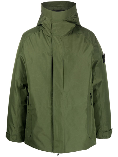 Stone Island Logo-patch Hooded Coat In Green