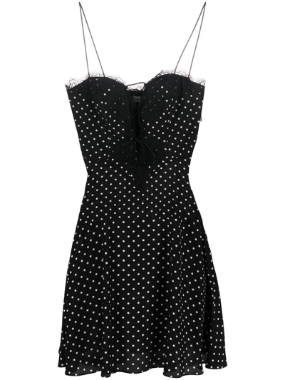 Alessandra Rich Scalloped Lace-trimmed Polka-dot Silk Mini Dress In Black