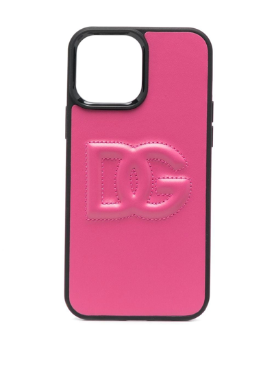Dolce & Gabbana Embossed-logo Leather Iphone Case In Pink