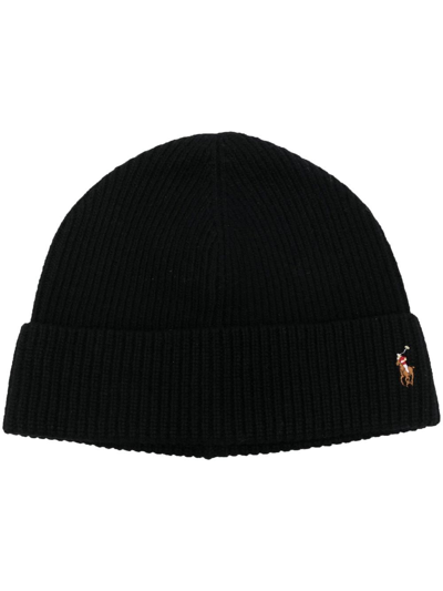 Polo Ralph Lauren Embroidered-logo Ribbed-knit Hat In Black