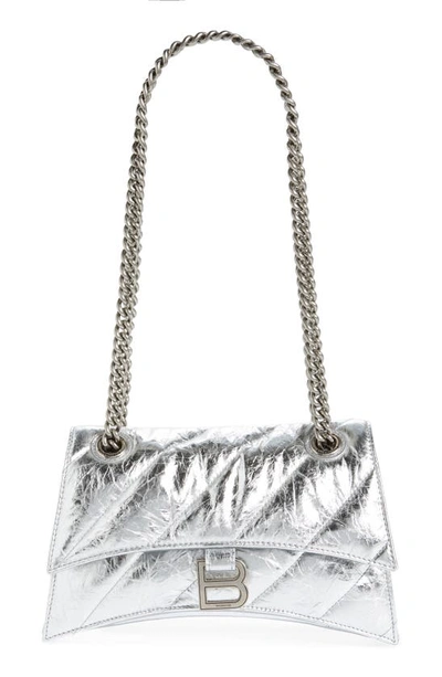 Balenciaga Crush Small Quilted Metallic Chain Shoulder Bag In 8110 Silver